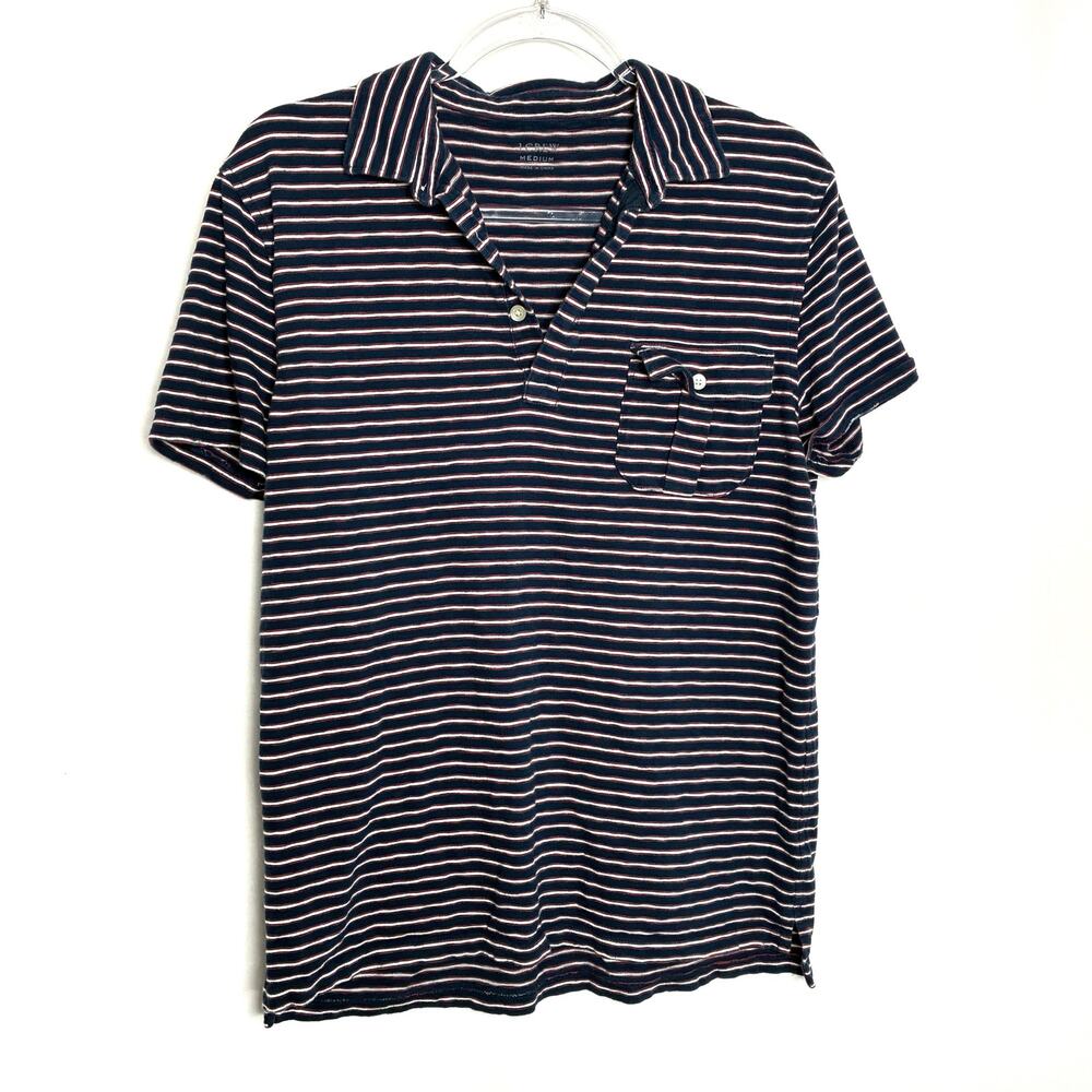 J. Crew Navy Blue Red White Stripe Polo Shirt Short Sleeve Cotton Mens Medium